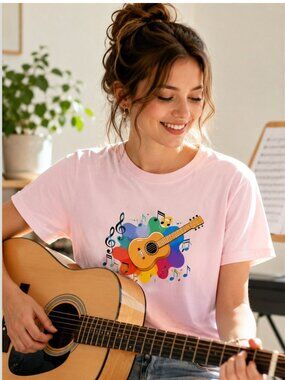 Guitar Music Graphic Tee Size S Pink Musical Notes Shirt